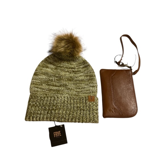 Frye Olive Knit Beanie with Pom and Brown Leather Wristlet - Picture 3 of 7
